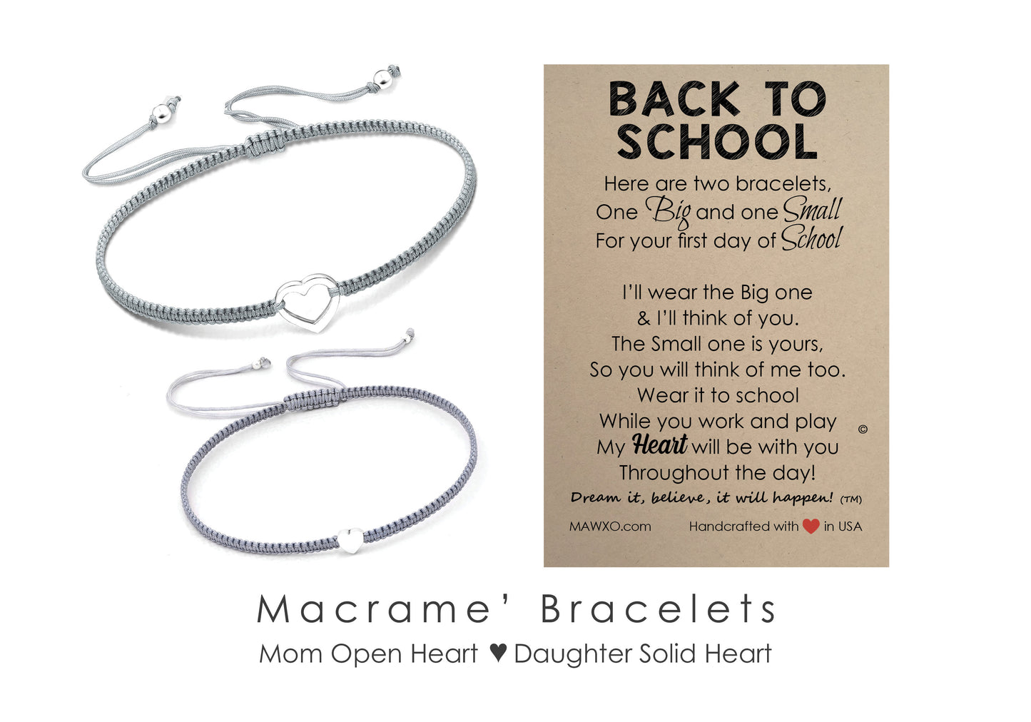 Back to School Bracelets ‖ Sterling Silver Heart Bracelet ‖ Adjustable Friendship Bracelet ‖ Mother Daughter Macrame' Bracelets