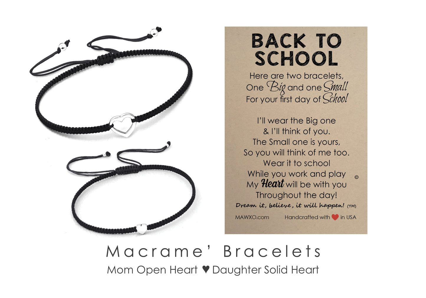 Back to School Bracelets ‖ Sterling Silver Heart Bracelet ‖ Adjustable Friendship Bracelet ‖ Mother Daughter Macrame' Bracelets