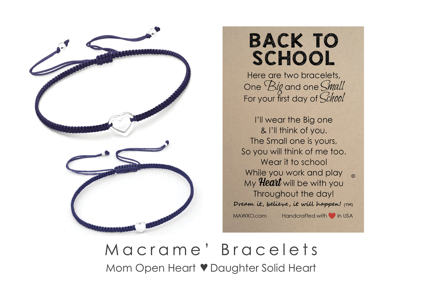 Back to School Bracelets ‖ Sterling Silver Heart Bracelet ‖ Adjustable Friendship Bracelet ‖ Mother Daughter Macrame' Bracelets