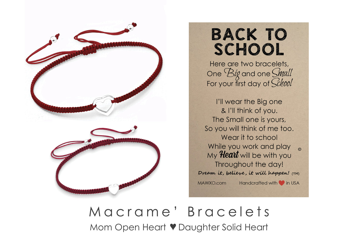 Back to School Bracelets ‖ Sterling Silver Heart Bracelet ‖ Adjustable Friendship Bracelet ‖ Mother Daughter Macrame' Bracelets