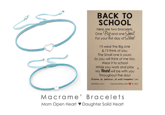 Back to School Bracelets ‖ Sterling Silver Heart Bracelet ‖ Adjustable Friendship Bracelet ‖ Mother Daughter Macrame' Bracelets