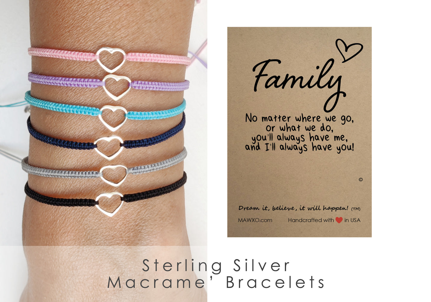Sterling Silver Heart Bracelet ‖ Adjustable Friendship Bracelet ‖ Macrame' Bracelets With Adjustable Closure
