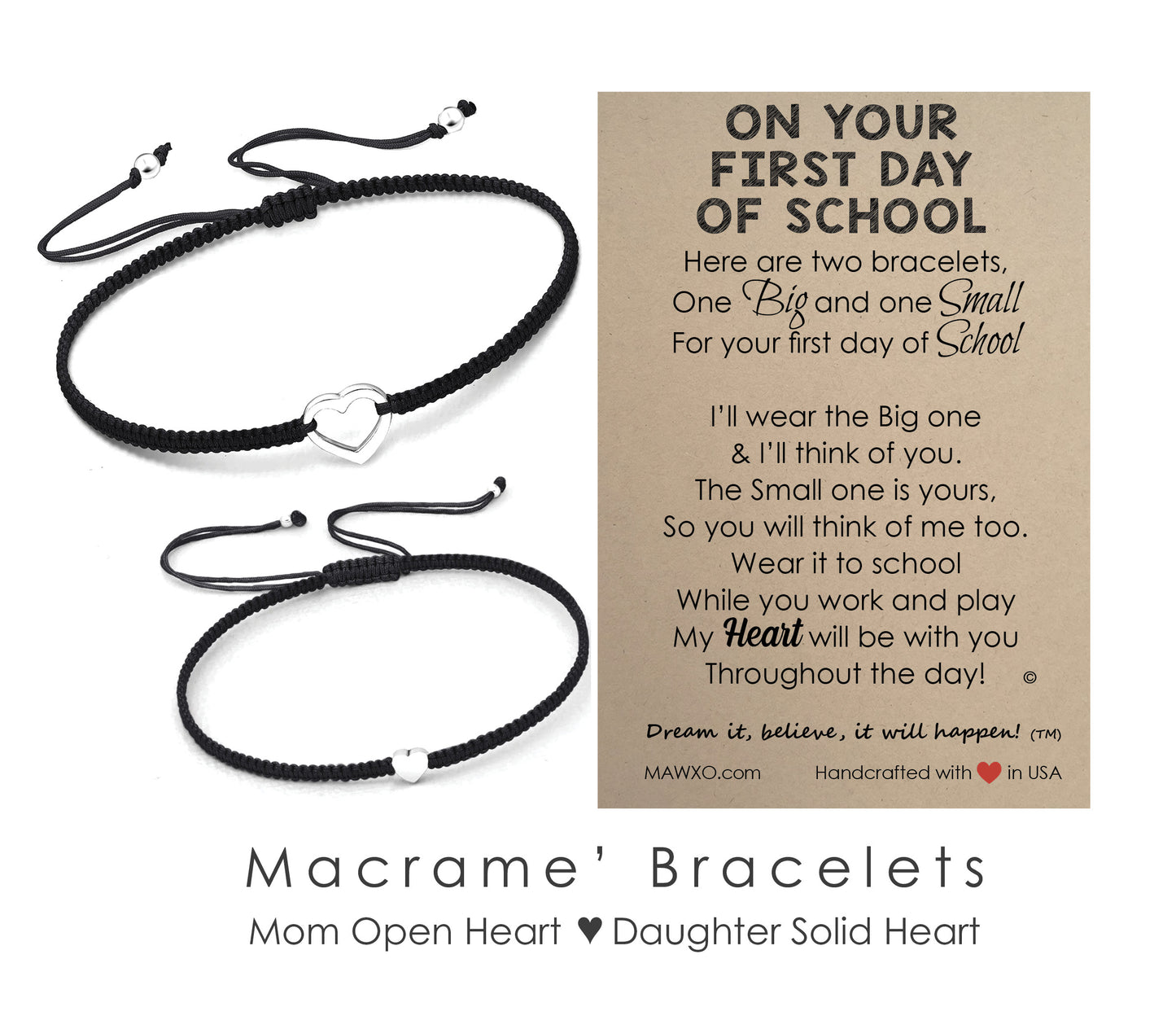 First Day of School Bracelets ‖ Sterling Silver Heart Bracelet ‖ Adjustable Friendship Bracelet ‖ Mother Daughter Macrame' Bracelets