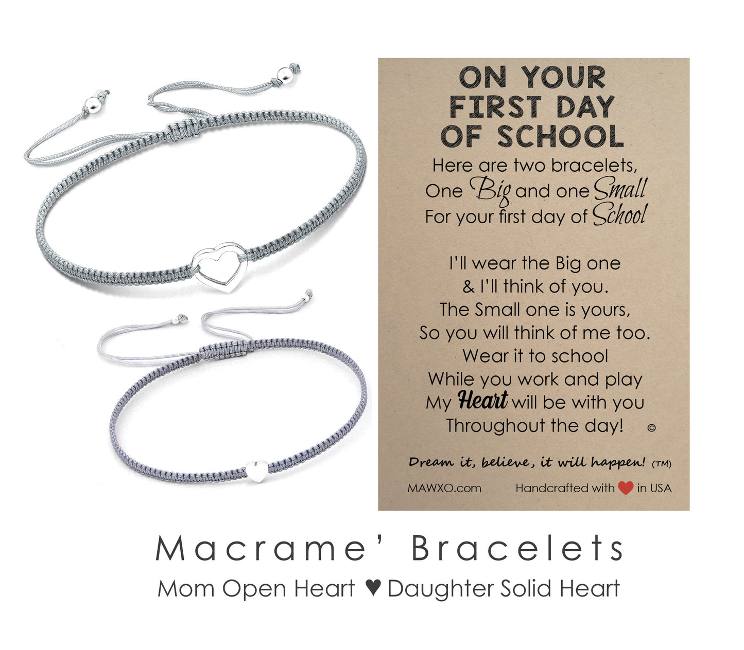 First Day of School Bracelets ‖ Sterling Silver Heart Bracelet ‖ Adjustable Friendship Bracelet ‖ Mother Daughter Macrame' Bracelets