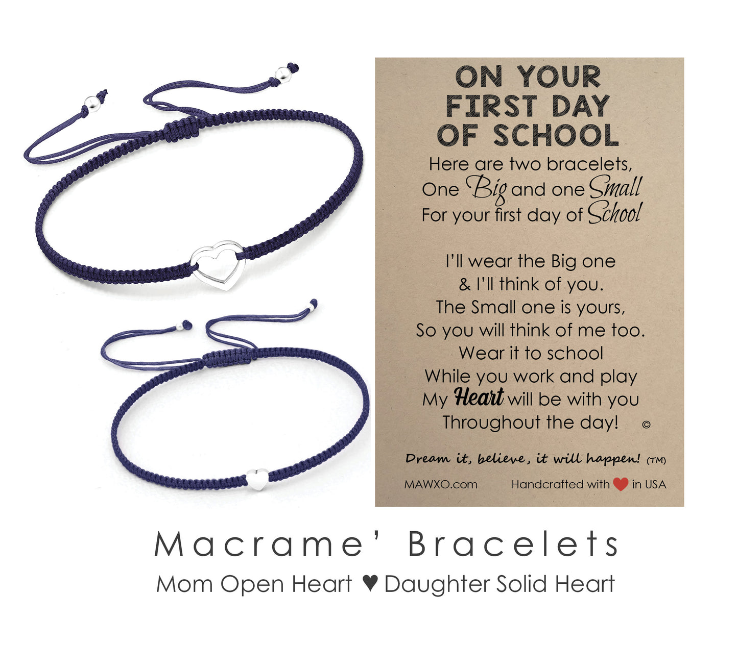 First Day of School Bracelets ‖ Sterling Silver Heart Bracelet ‖ Adjustable Friendship Bracelet ‖ Mother Daughter Macrame' Bracelets