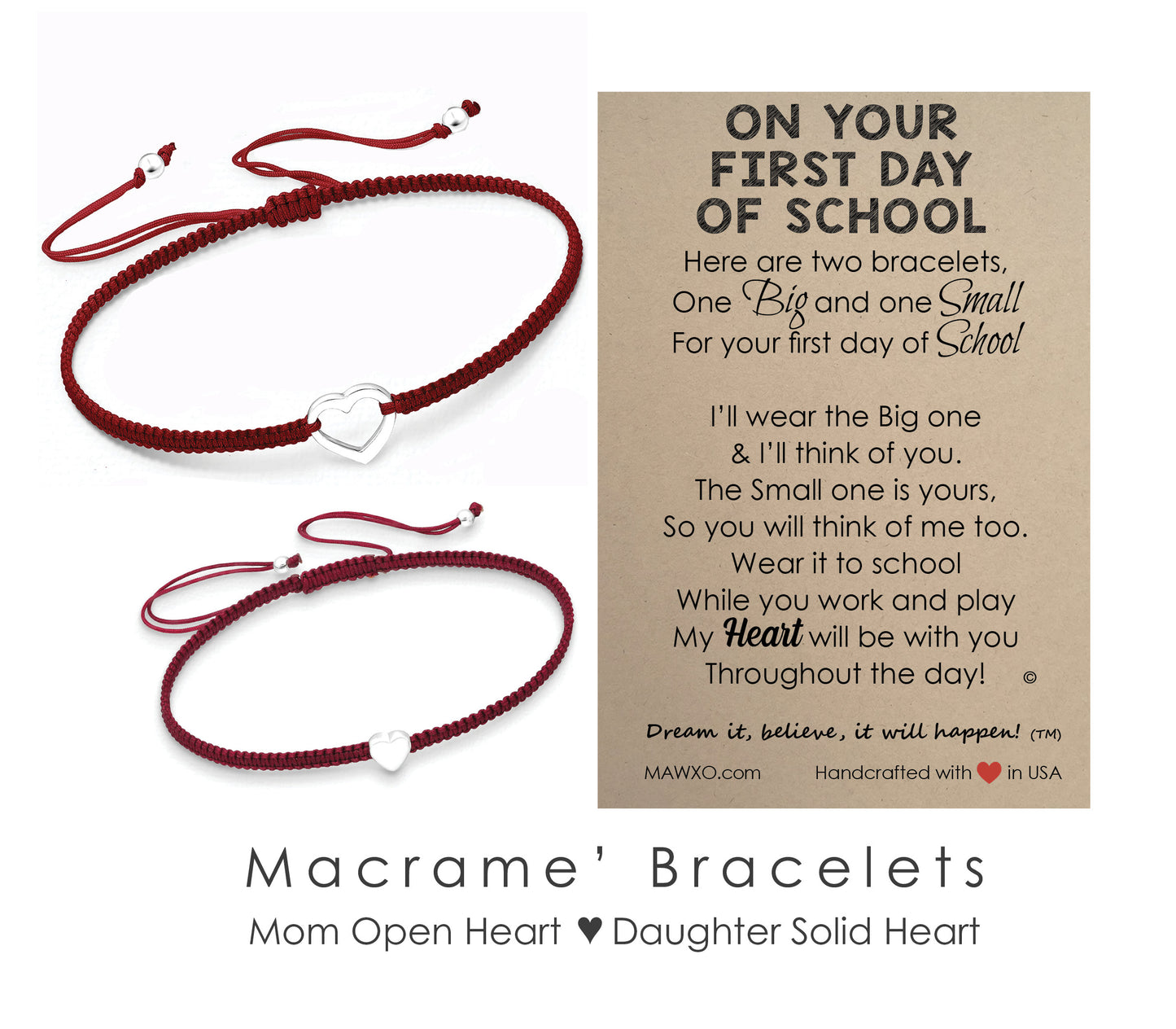 First Day of School Bracelets ‖ Sterling Silver Heart Bracelet ‖ Adjustable Friendship Bracelet ‖ Mother Daughter Macrame' Bracelets