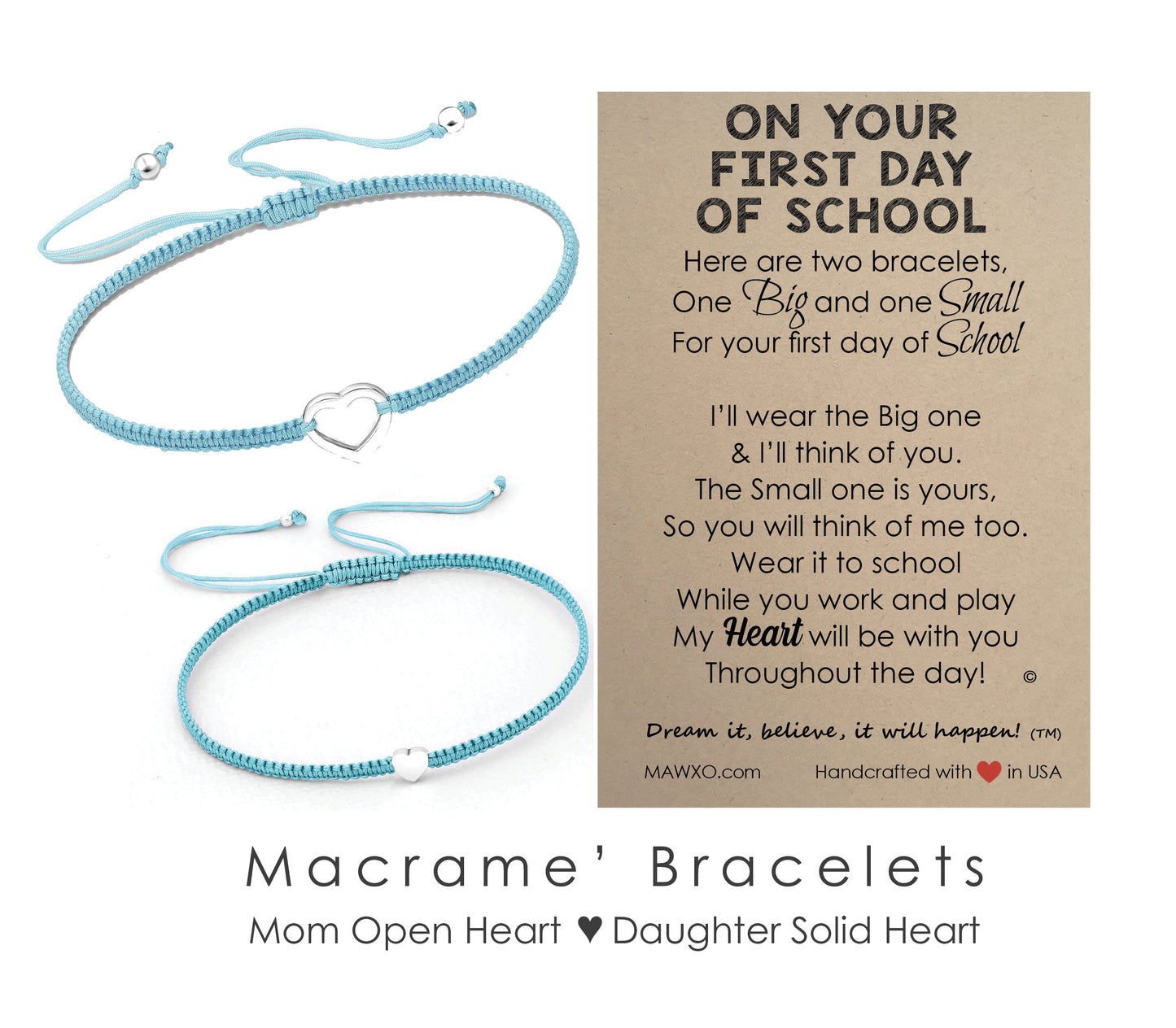 First Day of School Bracelets ‖ Sterling Silver Heart Bracelet ‖ Adjustable Friendship Bracelet ‖ Mother Daughter Macrame' Bracelets