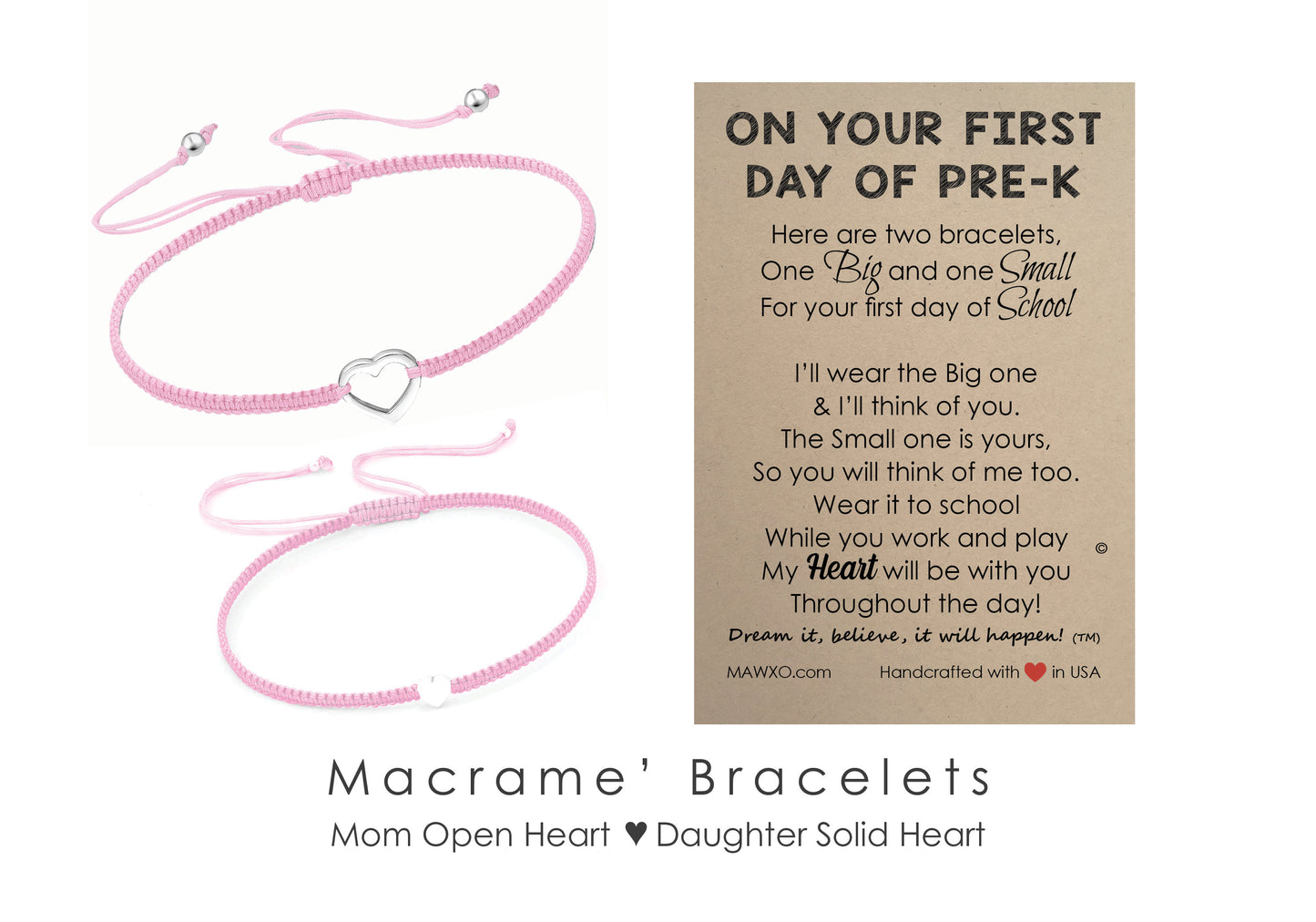 First Day of Pre-k Bracelets ‖ Sterling Silver Heart Bracelet ‖ Adjustable Friendship Bracelet ‖ Mother Daughter Macrame' Bracelets