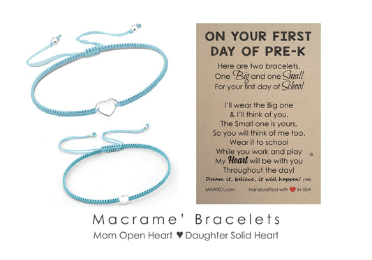 First Day of Pre-k Bracelets ‖ Sterling Silver Heart Bracelet ‖ Adjustable Friendship Bracelet ‖ Mother Daughter Macrame' Bracelets