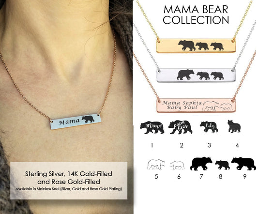 Mama Bear Necklace ‖ Mom Gift ‖  Personalized Necklace For Mom ‖ Engraved Necklace ‖ Personalized Gold Bar Necklace ‖ Minimalist Necklace ‖ Custom Engraving