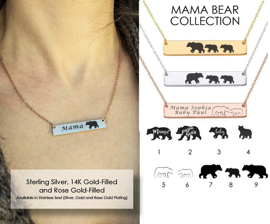 Mama Bear Necklace ‖ Mom Gift ‖ Personalized Necklace For Mom ‖ Engraved Necklace ‖ Personalized Gold Bar Necklace ‖ Minimalist Necklace ‖ Custom Engraving