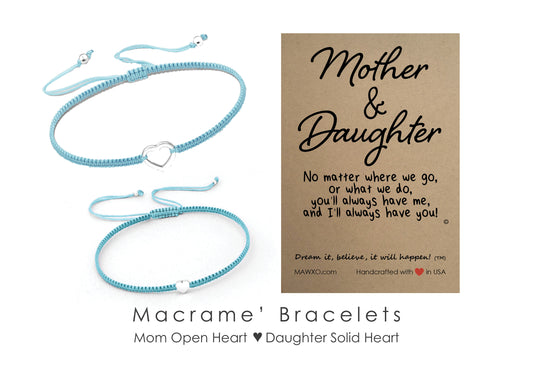 Mother Daughter Bracelets ‖ Sterling Silver Heart Bracelet ‖ Adjustable Friendship Bracelet ‖ Macrame' Bracelets