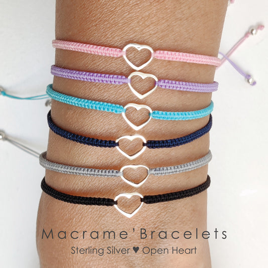 Sterling Silver Heart Bracelet ‖ Adjustable Friendship Bracelet ‖ Macrame' Bracelets With Adjustable Closure