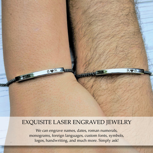 Couple Bracelets • Personalized Bar Bracelet • Gift for Him Her • Adjustable Cord Bracelet • Engraved Bracelet • Custom Engraving