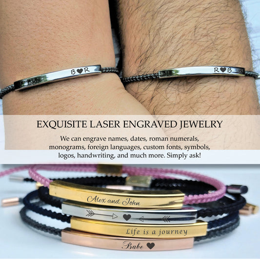 Couple Bracelets • Personalized Bar Bracelet • Gift for Him Her • Adjustable Cord Bracelet • Engraved Bracelet • Custom Engraving