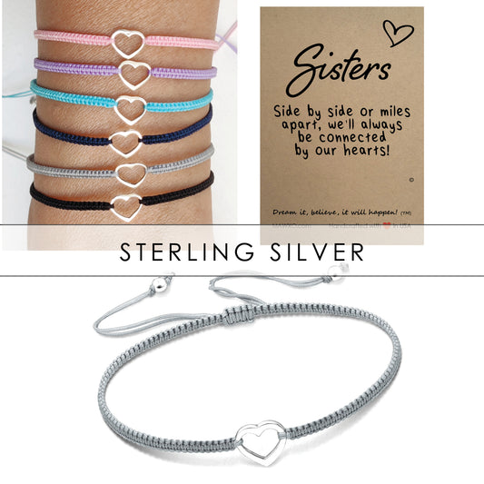 Sisters Gift ‖ Sister Bracelet ‖ Sterling Silver Heart Bracelet ‖ Adjustable Macrame' Friendship Bracelet