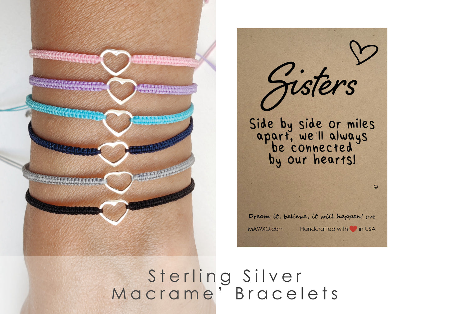 Sisters Gift ‖ Sister Bracelet ‖ Sterling Silver Heart Bracelet ‖ Adjustable Macrame' Friendship Bracelet