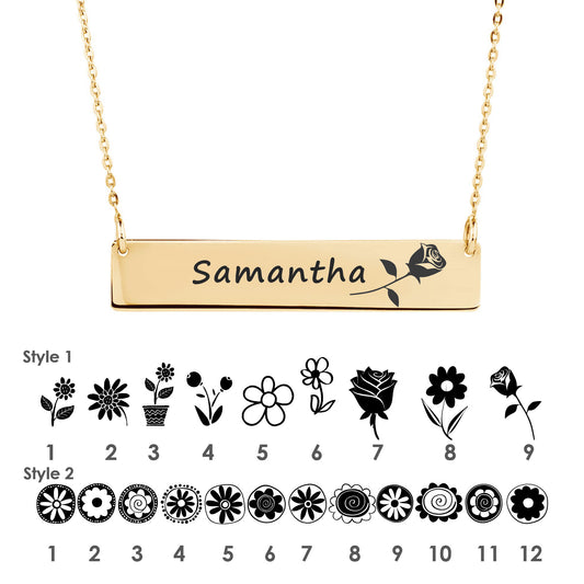 Flower Necklace ‖ Mom Gift ‖ Birth flower Necklace For Mom ‖ Engraved Necklace ‖ Personalized Gold Bar Necklace ‖ Minimalist Necklace ‖ Custom Engraving