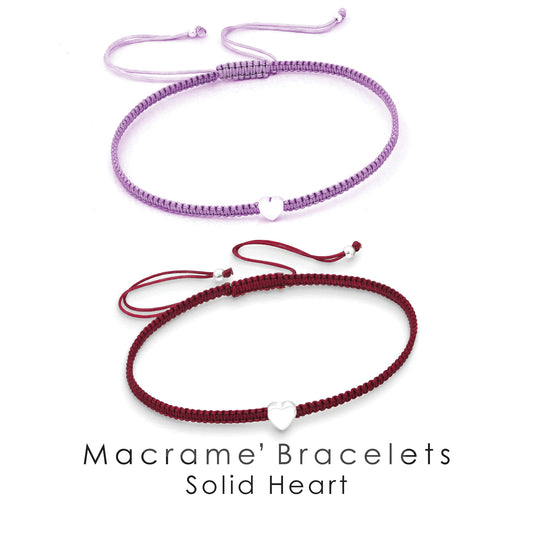 Sterling Silver Solid Heart Bracelet ‖ Adjustable Friendship Bracelet ‖ 925 Heart Macrame' Bracelets